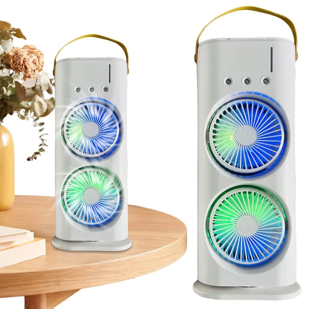 Double Spray Rechargeable Mist Fan - শক্তিশালী এয়ার কুলিং, আরজিবি লাইট ও পোর্টেবল হ্যান্ডেল সুবিধাসহ ২-ইন-১ কুলার ফ্যান