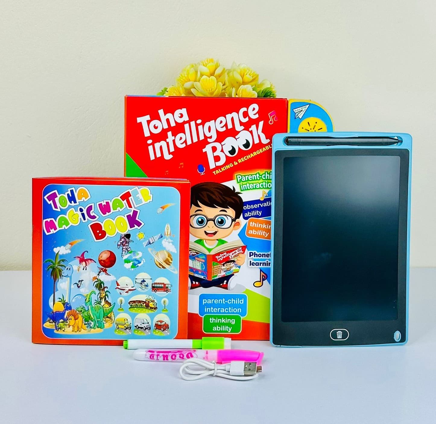 Kids Learning Combo Set – 58 Pages Intelligence Book + Water Activity Book + Flash Cards + 8.5" Multi Color LCD Writing Tablet
